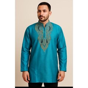 Embroidered Teal Silk Tunic Boho Artisan Beaded Kaftan Top Long Sleeve